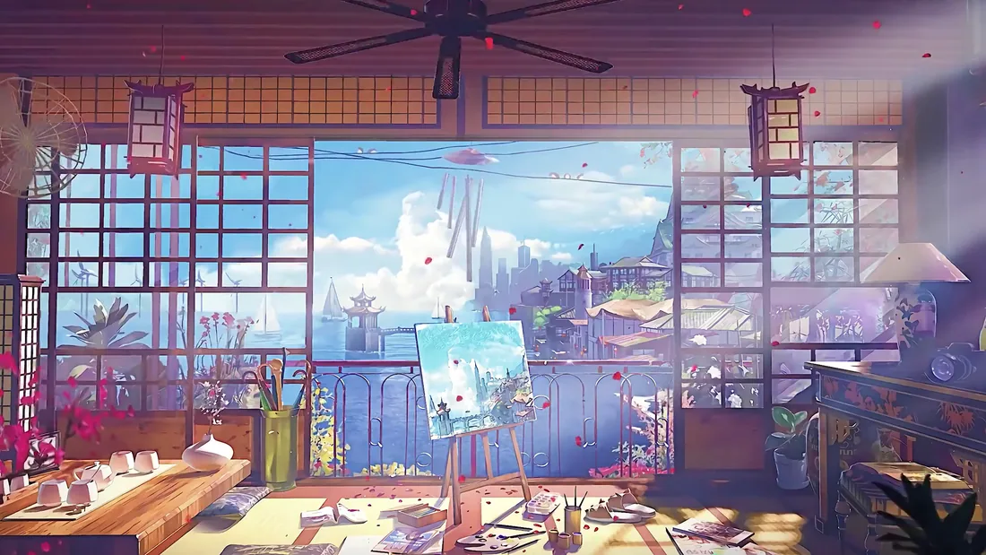 带画架的画室阳台插画
