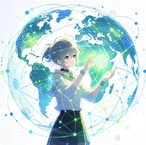 与地球网络光点相伴的动漫风插画