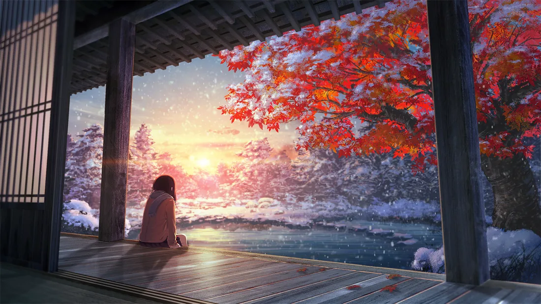 红枫树下面向雪景与朝阳坐着的人物插画